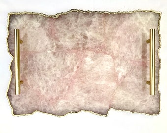 Large Rose Quartz Agate Serving Tray With Brass Handles/Personalised Momentos/Sign Boards 10"x15"