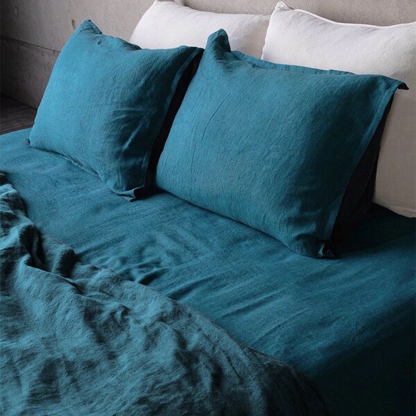 Peacock Blue - 100% Pure Linen | Linen Cotton Mix | 3 Piece Duvet Cover Set | 4 Piece Sheet Set | Handmade | Pre-washed | Soft