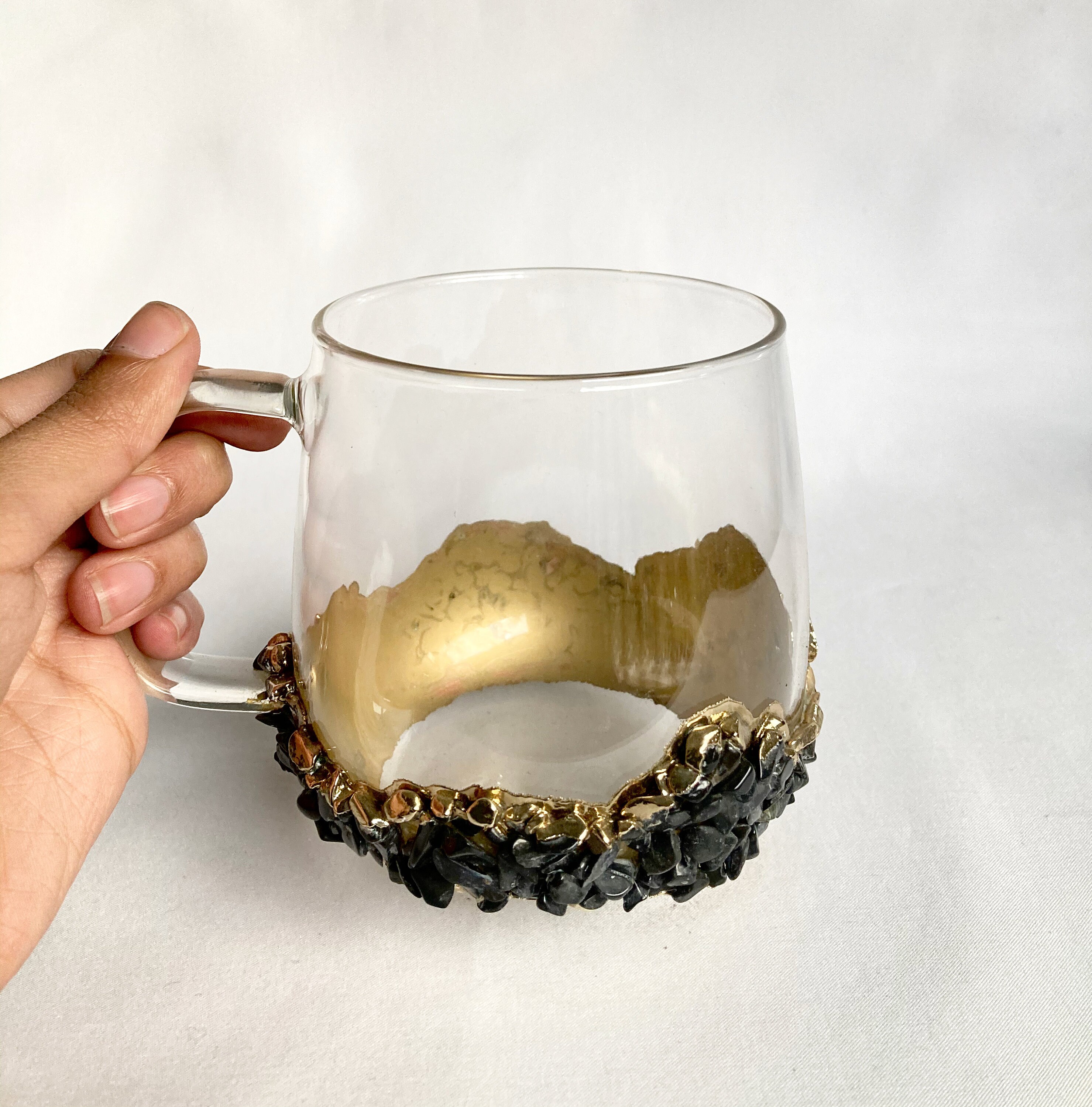 Set of 2 crystal Glass Coffee/tea/juice Mugs With Gold Plated Rose Quartz  Agate/quartz Semi-precious Crystals 17 Oz/500 Ml 