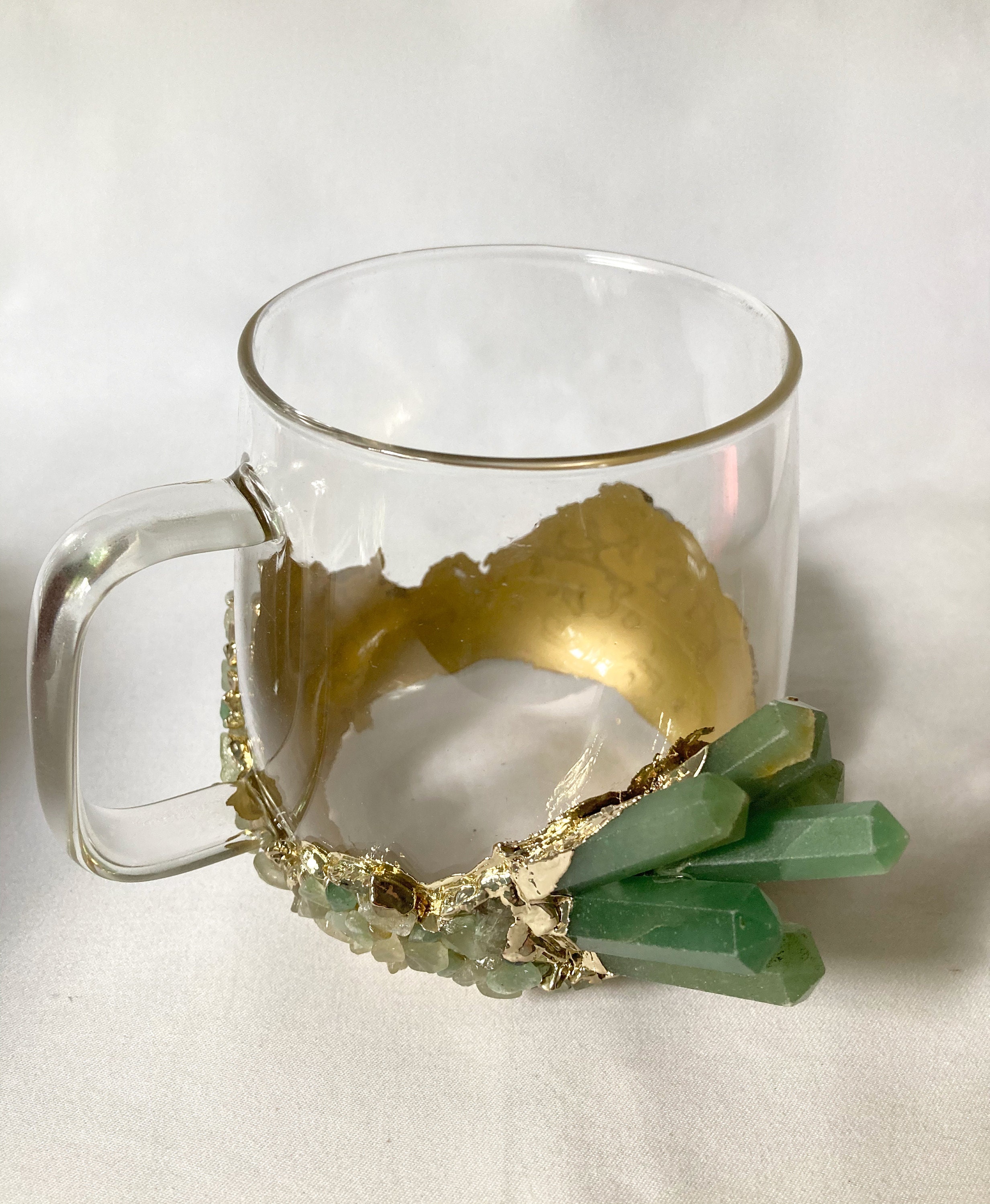 Set of 2 crystal Glass Coffee/tea/juice Mugs With Gold Plated Rose Quartz  Agate/quartz Semi-precious Crystals 17 Oz/500 Ml 