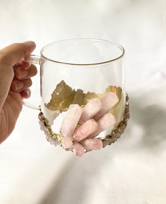 Set of 2 crystal Glass Coffee/tea/juice Mugs With Gold Plated Rose Quartz  Agate/quartz Semi-precious Crystals 17 Oz/500 Ml 