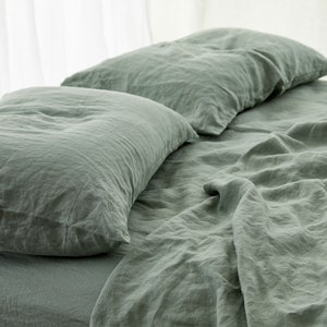 Sage Green 100% Pure Linen Linen Cotton Mix 3 Piece Duvet Cover Set 4 Piece Sheet Set Handmade Pre-washed Soft image 3