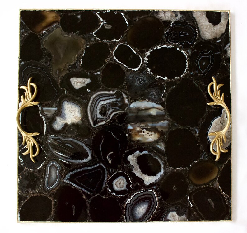 Black Agate Serving Tray With Brass Handles Square Etsy