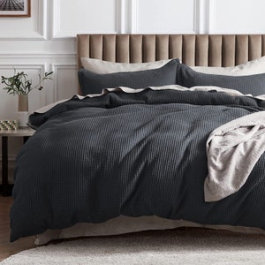 Charcoal Black - Waffle Weave | Pure Cotton, Pure Linen or Linen Cotton Mix | 3 Piece Duvet Cover Set | Handmade | Pre-washed | Soft