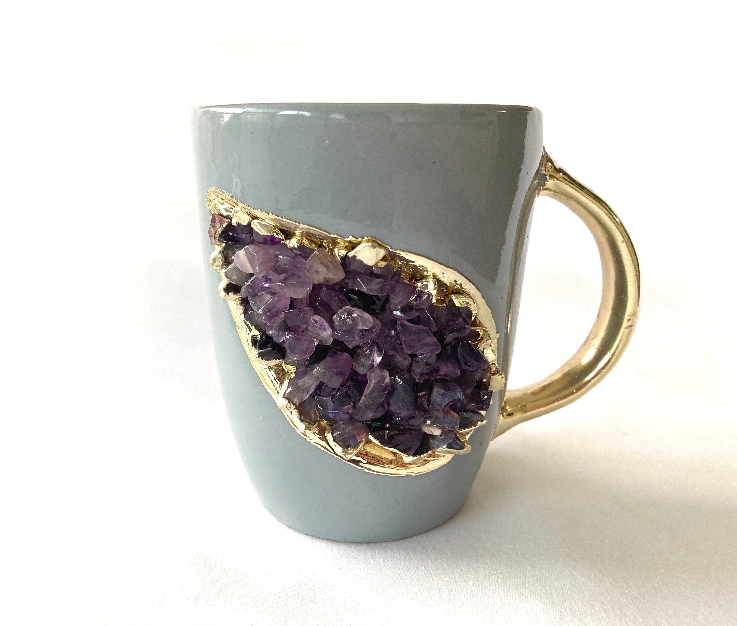 Set of 2 crystal Glass Coffee/tea/juice Mugs With Gold Plated Rose Quartz  Agate/quartz Semi-precious Crystals 17 Oz/500 Ml 