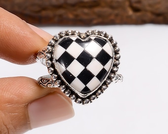 Black & White Checkerboard Onyx Gemstone Ring: 925 Sterling Silver, Vintage Style