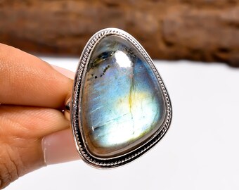 Natural Labradorite Blue Fire Gemstone Ring | 925 Sterling Silver Bohemian Style Handmade Jewelry
