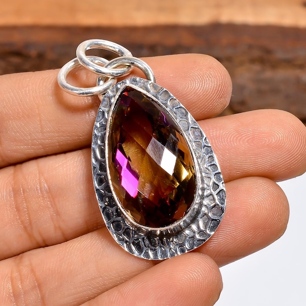 Pear Shape Mystic Fire Quartz Faceted Gemstone Pendant | Bohemian 925 Sterling Silver Handmade Jewellery