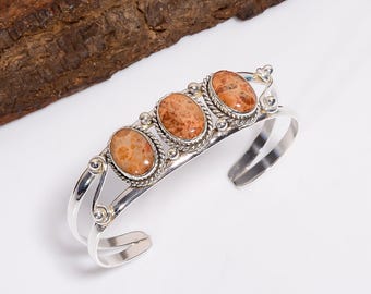 Fossil Coral Gemstone Cuff Bangle : 925 Sterling Silver, Vintage Style Bracelet