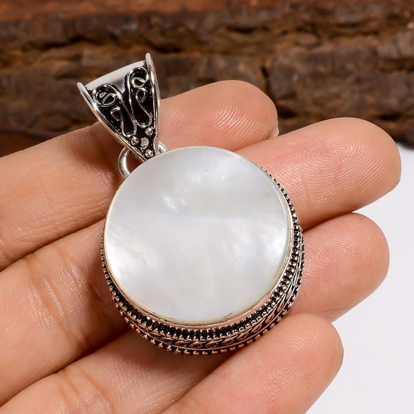 Mother Of Pearl Round Shape Pendant | Bohemian 925 Sterling Silver Handmade Jewellery