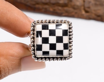 Checkerboard Onyx Black & White Ring: 925 Sterling Silver, Vintage Style
