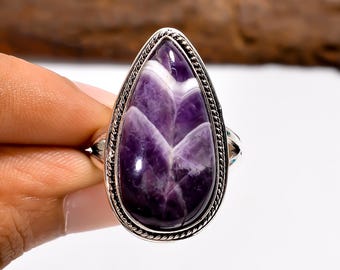 Natural Chevron Amethyst Pear Shape Ring: Adjustable 925 Sterling Silver Bohemian Jewelry