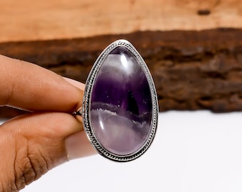 Pear Shape Chevron Amethyst Ring: Adjustable 925 Sterling Silver Bohemian Jewelry