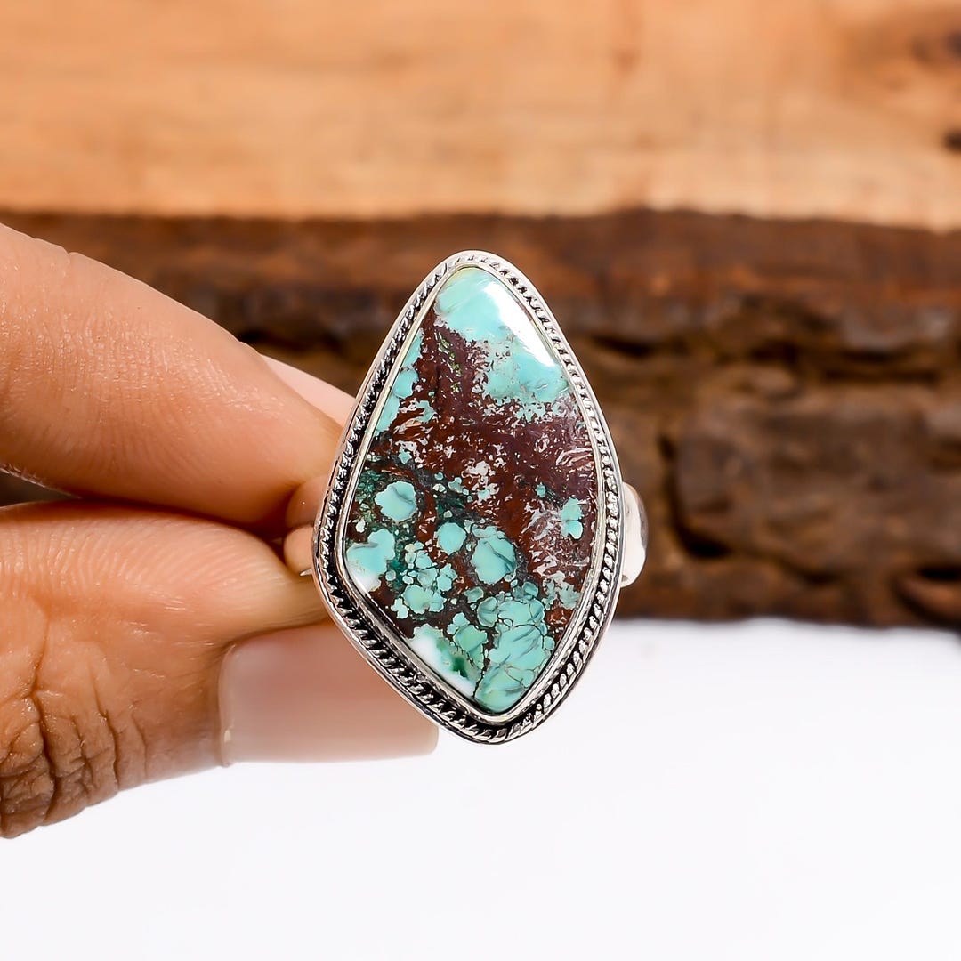Tibetan Turquoise Oxidized Sterling Silver Ring - Adjustable Boho ...
