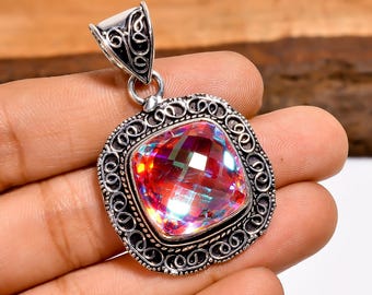 Colgante de cuarzo místico / Plata de ley 925 / Piedra preciosa arcoíris