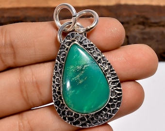Tropfenförmiger Chrysopras Edelstein Anhänger: 925 Sterling Silber Schmuck im Boho Stil