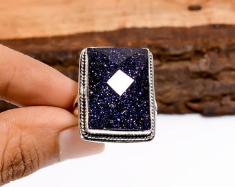 Blue Sandstone Ring: Adjustable 925 Sterling Silver, Bohemian Vintage Style