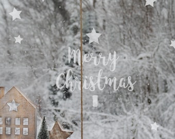 Fenstersticker Fensterdeko "Merry Christmas tree" Weihnachtsbaum, Sterne satiniert, Glasdekorfolie