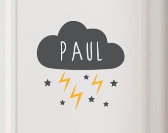 Door sign "cloud with lightning" and name, wall decal, sticker, decal