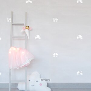 Puede incluir: Una pared blanca con una escalera blanca y una falda de tut&uacute; rosa colgando de ella. Hay varios adhesivos de arco&iacute;ris blancos en la pared. El texto "_Jamssstyle_" est&aacute; escrito en la pared.