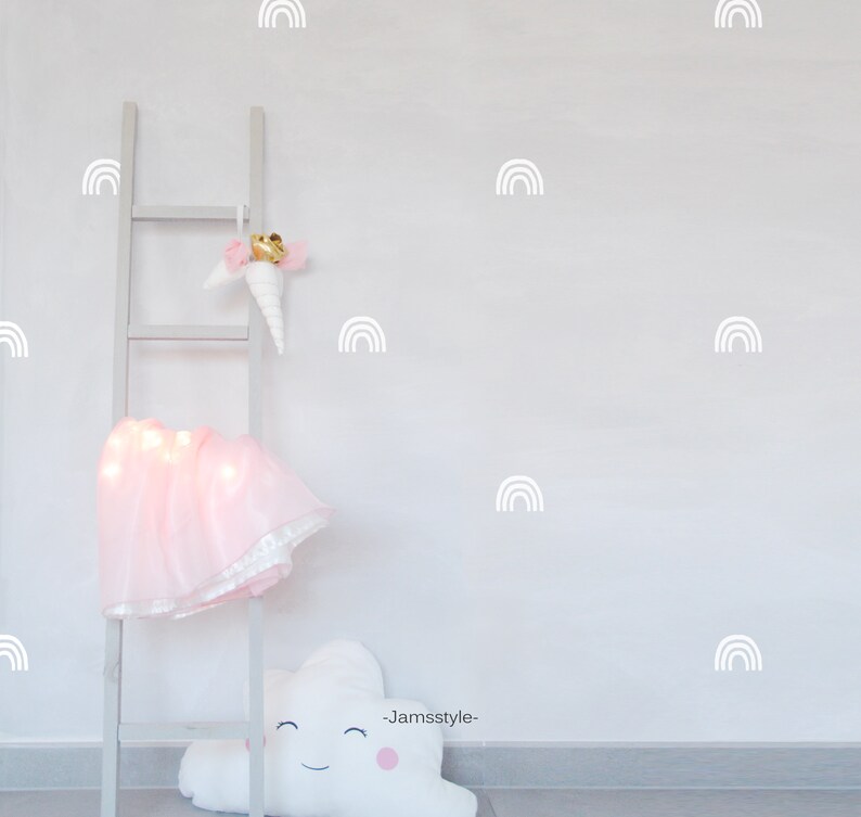 Puede incluir: Una pared blanca con una escalera blanca y una falda de tut&uacute; rosa colgando de ella. Hay varios adhesivos de arco&iacute;ris blancos en la pared. El texto "_Jamssstyle_" est&aacute; escrito en la pared.