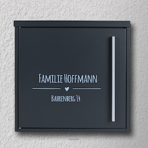 Briefkasten Namensschild Familie Name mit Herz, Straße oder Vornamen, verschiedene Schriften zur Auswahl 1a