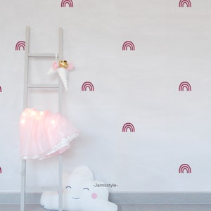 Puede incluir: Una pared blanca con una escalera blanca y una falda de tut&uacute; rosa. La pared est&aacute; decorada con calcoman&iacute;as de arco&iacute;ris burdeos. El texto "_Jamssstyle_" est&aacute; escrito en la pared.