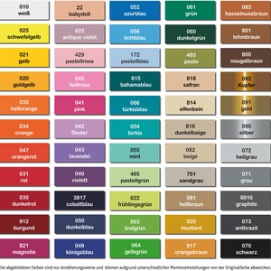 May include: A colour chart with 100 different paint colours, each colour is labelled with a number and a name in German. The colours are arranged in a grid of 10 columns and 10 rows. The colours range from white to black, with shades of red, blue, green, yellow, orange, brown, and grey.