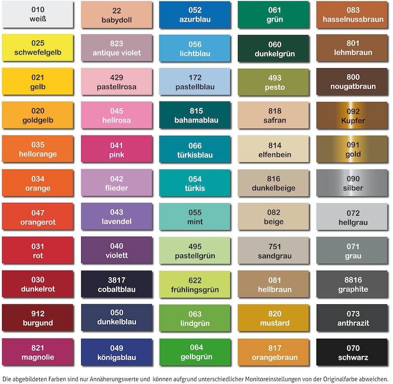 May include: A colour chart with 100 different paint colours, each colour is labelled with a number and a name in German. The colours are arranged in a grid of 10 columns and 10 rows. The colours range from white to black, with shades of red, blue, green, yellow, orange, brown, and grey.