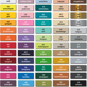 May include: A color chart with 10 rows and 10 columns of paint swatches. Each swatch is labeled with a number and a color name in German. The colors range from white to black, with shades of red, blue, green, yellow, orange, brown, and gray.