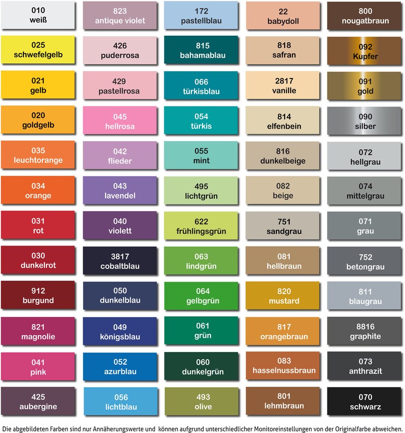 May include: A color chart with 10 rows and 10 columns of paint swatches. Each swatch is labeled with a number and a color name in German. The colors range from white to black, with shades of red, blue, green, yellow, orange, brown, and gray.
