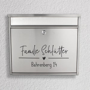 Briefkasten Namensschild Familie Name mit Herz, Straße oder Vornamen, verschiedene Schriften zur Auswahl 3a