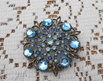 Vintage Brosche alt-silberfarbenes Metall Strass blau Modeschmuck Strass Brosche 80er/90er Jahre  "Mandala"