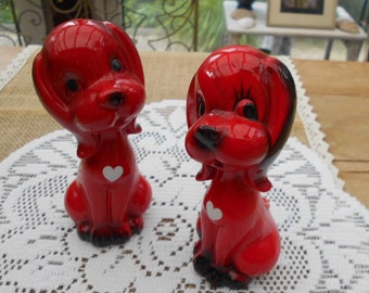 Vintage Love Dogs Keramik rot schwarz, weißes Herz, Keramik Hunde 70er Jahre 1 Paar Love Dogs