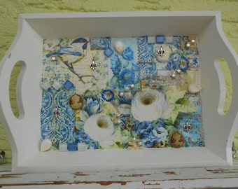 UPCYCLING Deko Tablett  Wandbild Tablettbild Mosaik und Decoupage Blumen Vogel Wanddeko