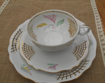 vintage Sammeltasse Sammeltassen Gedeck 3-teilig Schirnding Bavaria mid-century Golddekor abstraktes Muster Blumen