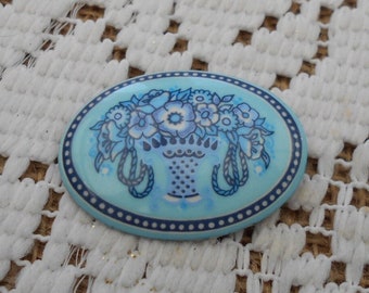 Vintage Brosche Emaille Michaela Frey Austria, oval, blau, türkis, floral im Jugendstil, Brosche Emaille Brosche 70er/80er Jahre