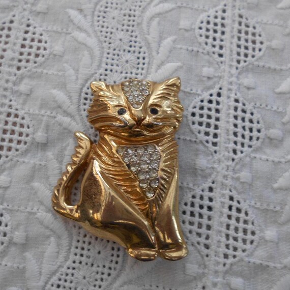 Vintage Brosche goldfarben Modeschmuck Katze Strass Steinchen 90er/2000er Jahre Katzen Brosche View 5