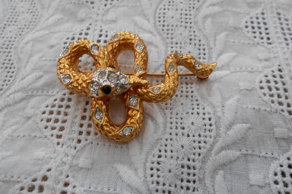 Vintage Brosche goldfarben Modeschmuck Schlange Strass Steinchen 80er/90er Jahre Schlangen Brosche