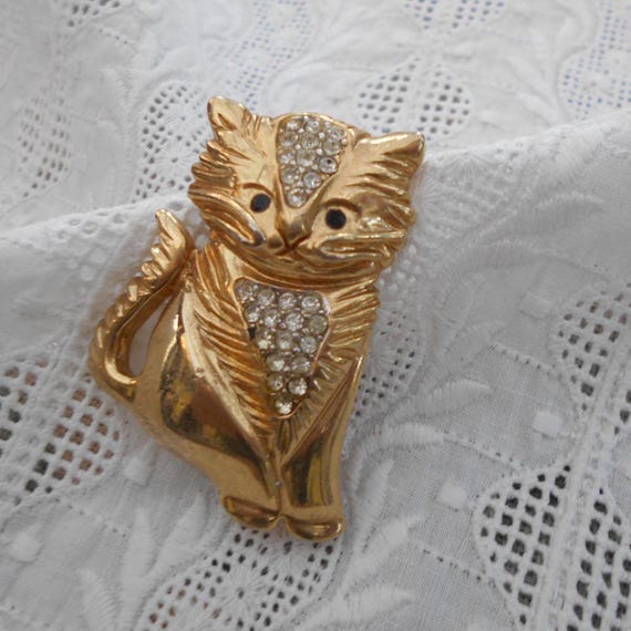 Vintage Brosche goldfarben Modeschmuck Katze Strass Steinchen 90er/2000er Jahre Katzen Brosche