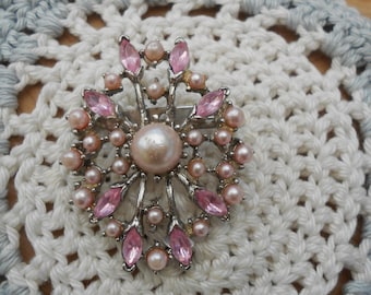 Große vintage Brosche Perlen Strass Brosche aus den 60er/70er Jahren vintage Brosche rosa weiß mid-century