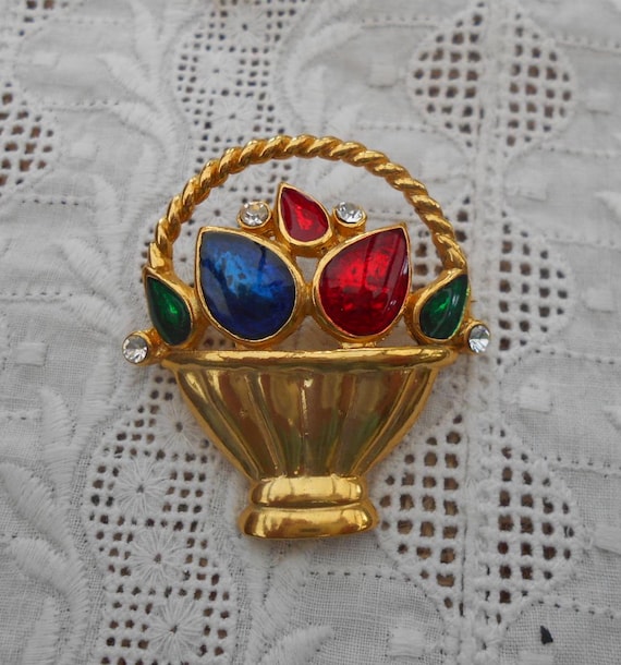 Vintage Brosche goldfarben Modeschmuck Brosche Korb Körbchen bunte Glassteine Strass Steinchen 90er/2000er Jahre
