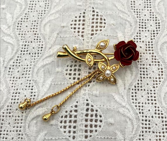 Romantische vintage Brosche Rosen Brosche Modeschmuck 80er/90er Jahre Metall, goldfarben mit kleinen Kunstperlchen, Blumen Brosche