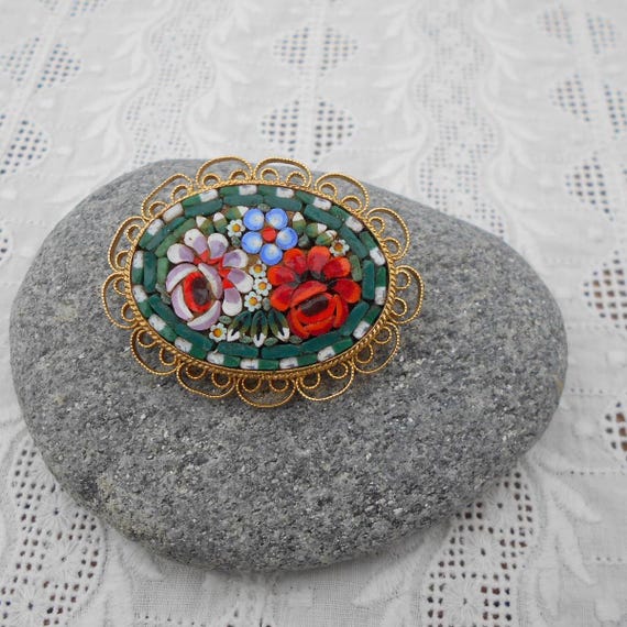 Vintage Brosche Modeschmuck Metall goldfarben Mikro Mosaik 50er/60er Jahre floral bunt, ovale Brosche, Blumen Brosche