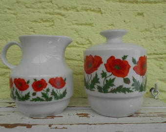 Kleine vintage Zuckerdose und Milchkännchen Bareuther Waldsassen Mohn Blüten 70er Jahre mid-century