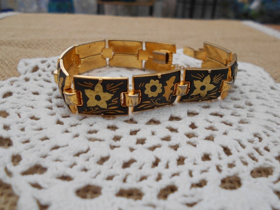 Vintage Toledo Armband schwarz goldfarben floral … - image 1