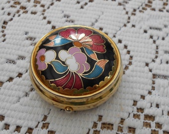 Vintage Pillendose Tablettendose Metall goldfarben Emaille Cloisonne floral, bunte Blumen abstrakt , 90er/2000er Jahre