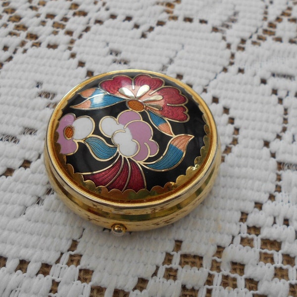 Vintage Pillendose Tablettendose Metall goldfarben Emaille Cloisonne floral, bunte Blumen abstrakt , 90er/2000er Jahre