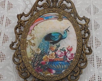 UPCYCLING vintage barocker Messing Bilderrahmen goldfarben mit Decoupage Pfau Boho, kleines upcycling Bild, Wandbild