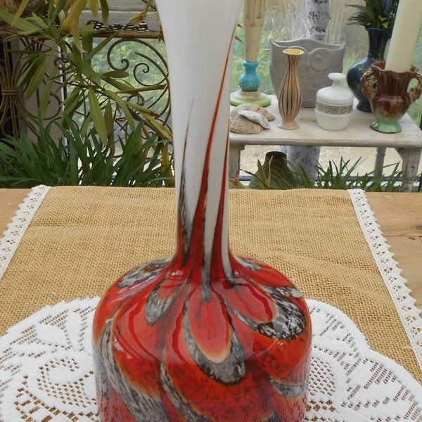 vintage Glas Vase Opaline Florence Opal Glas Glaskunst Carlo Moretti, 70er Jahre, mid-century Vase weiß orange schwarz